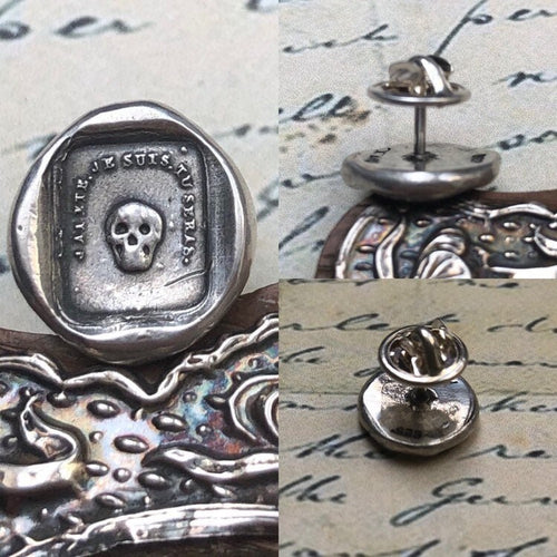 skull tie tack - sterling skull wax seal pin - 'as you are so once was I'. memento mori.  antique wax letter seal.