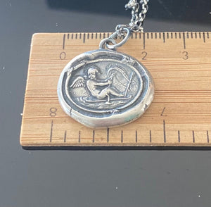 Love findeth the way…… Tassie seal with Cupid and rough seas. Sterling silver antique wax letter seal amulet. Handmade jewelry.