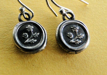 Load image into Gallery viewer, Forget me not flower, wax seal, sterling silver, dangle earrings.