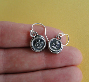 Forget me not flower, wax seal, sterling silver, dangle earrings.
