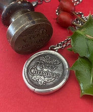 Load image into Gallery viewer, Merry Christmas, Victorian antique wax letter seal necklace. Holiday jewellery, sold sterling silver handmade Christmas pendant.