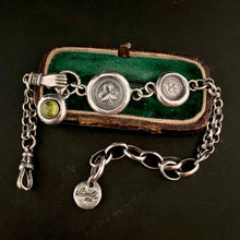 Load image into Gallery viewer, Irish Victorian inspired bracelet.  Sterling silver, handmade bracelet with shamrock charms and a vesuvianite gem.