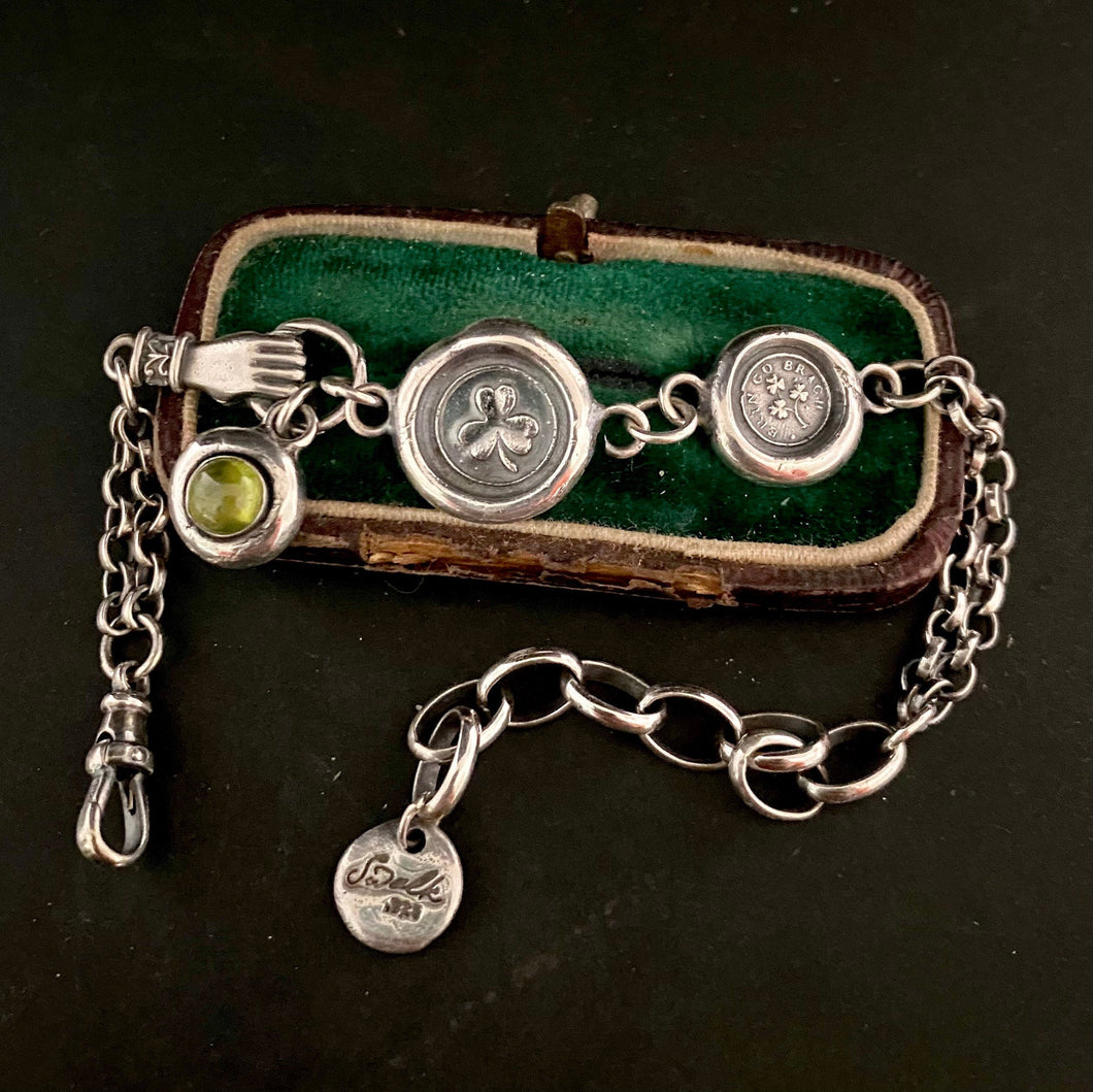 Irish Victorian inspired bracelet.  Sterling silver, handmade bracelet with shamrock charms and a vesuvianite gem.