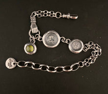 Load image into Gallery viewer, Irish Victorian inspired bracelet.  Sterling silver, handmade bracelet with shamrock charms and a vesuvianite gem.
