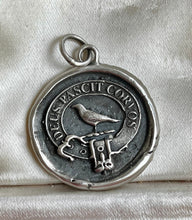 Load image into Gallery viewer, God Feeds the Ravens 25mm…. sterling silver antique wax letter seal. Religious pendant featuring a crow or raven   (A01-1)