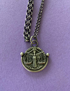 Libra handmade sterling silver pendant. Zodiac sign coin necklace.