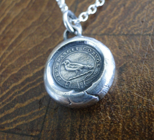 God Feeds the Ravens…. sterling silver antique wax letter seal. Religious pendant featuring a crow or raven