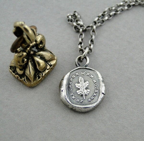 I remain steadfast until death.  Oak leaf pendant.  Sterling silver French motto, commitment and pledge for ever.