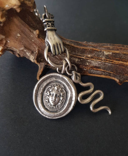 Medusa, snake and hand necklace. Female warrior....Sterling silver with long belcher chain. Handmade medusa necklace