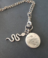 Load image into Gallery viewer, Medusa, snake and hand necklace. Female warrior....Sterling silver with long belcher chain. Handmade medusa necklace