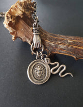 Load image into Gallery viewer, Medusa, snake and hand necklace. Female warrior....Sterling silver with long belcher chain. Handmade medusa necklace