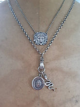 Load image into Gallery viewer, Medusa, snake and hand necklace. Female warrior....Sterling silver with long belcher chain. Handmade medusa necklace