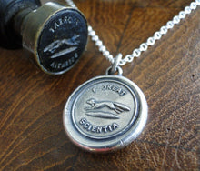 Load image into Gallery viewer, Let Knowledge Flourish….. Floreat Scientia.  Impression of antique wax seal in sterling silver. Sterling necklace, education, encouragement