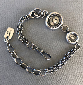 Victorian chunky silver bracelet, handmade bracelet, customised gift for her. Wonderful unique bracelet with antique wax letter seals.