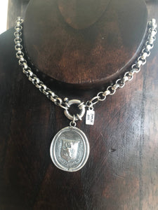 Beautiful heavy Sterling Rolo chain with large antique wax seal impression. heirloom quality piece with positive inspirational sentiment