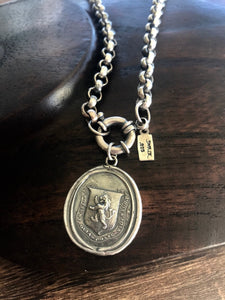 Beautiful heavy Sterling Rolo chain with large antique wax seal impression. heirloom quality piece with positive inspirational sentiment