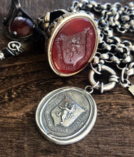 Load image into Gallery viewer, Beautiful heavy Sterling Rolo chain with large antique wax seal impression. heirloom quality piece with positive inspirational sentiment