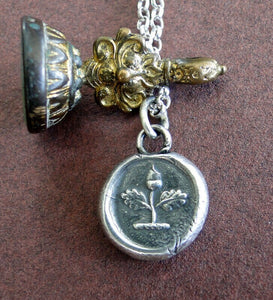 Independence, Acorn pendant. Antique wax letter seal impression, sterling silver acorn