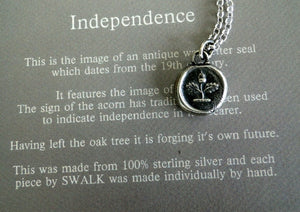 Independence, Acorn pendant. Antique wax letter seal impression, sterling silver acorn