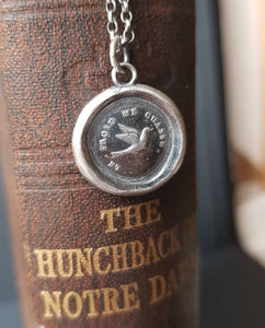 Swallow pendant - antique wax letter seal, handmade wax seal jewelry. The cold chases me away.  French motto, lovely meaningful pendant.