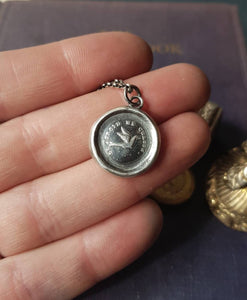 Swallow pendant - antique wax letter seal, handmade wax seal jewelry. The cold chases me away.  French motto, lovely meaningful pendant.