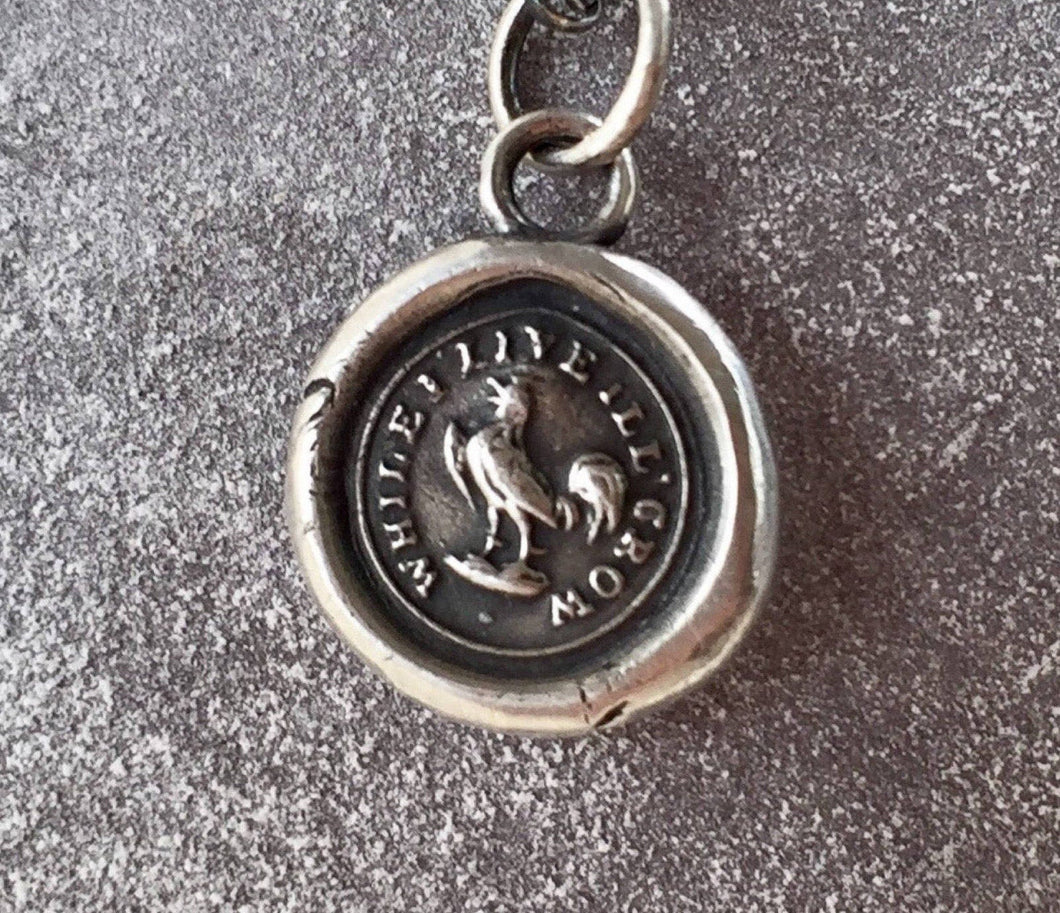While I live I'll crow, rooster, cockerel, cocky, confident, self confidence. Wax seal necklace.