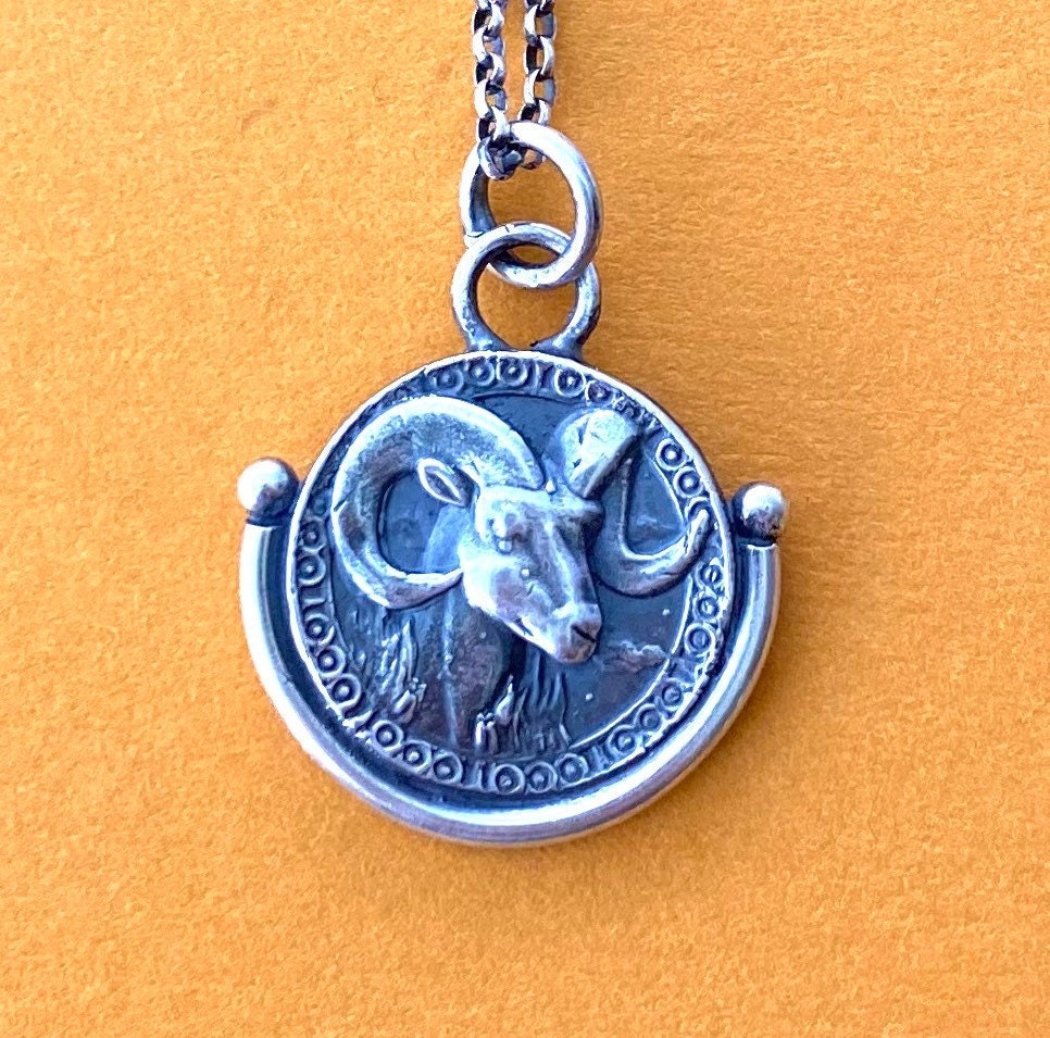Aries handmade sterling silver pendant. Zodiac sign coin necklace.