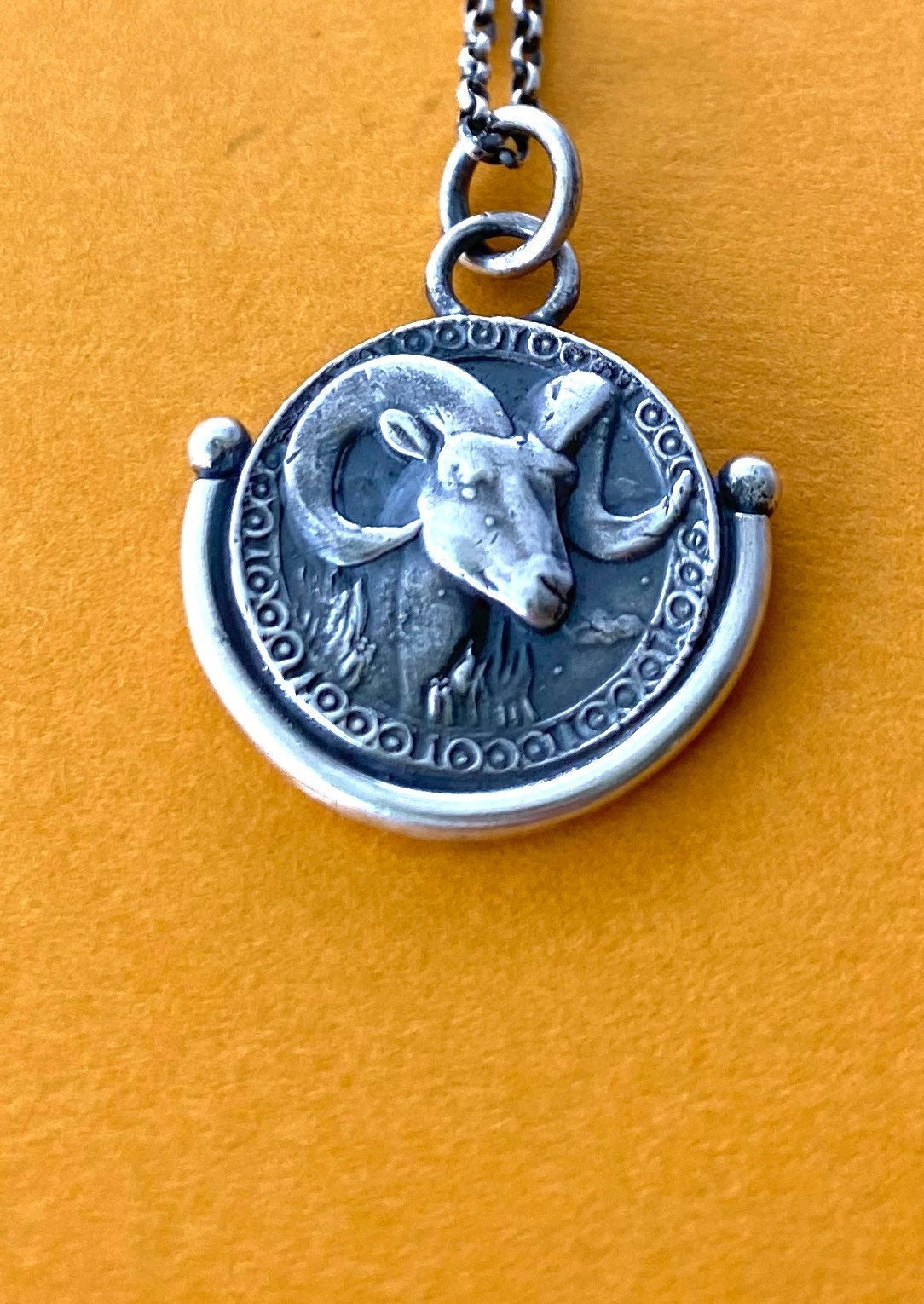 Aries handmade sterling silver pendant. Zodiac sign coin necklace