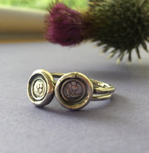 Load image into Gallery viewer, Pair of stacking rings.... Shamrock and Thistle, emblems of Ireland and Scotland. Sterling silver stackable rings.  Antique wax letter seal