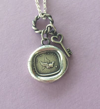 Load image into Gallery viewer, You have the key, to my heart, Sterling silver antique wax letter seal. Bird and key pendant.