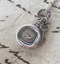 Load image into Gallery viewer, You have the key, to my heart, Sterling silver antique wax letter seal. Bird and key pendant.