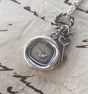 You have the key, to my heart, Sterling silver antique wax letter seal. Bird and key pendant.