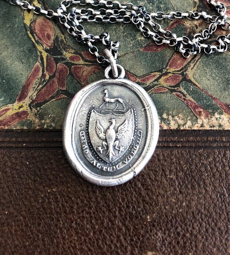 Ad Altum Volo.....Spread your winds and fly high. Antique wax letter seal pendant. Sterling handmade impression necklace.