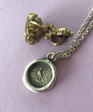 Load image into Gallery viewer, Dove of Peace pendant.  Dove with olive branch necklace. Sterling silver antique wax letter seal. Christian symbol.