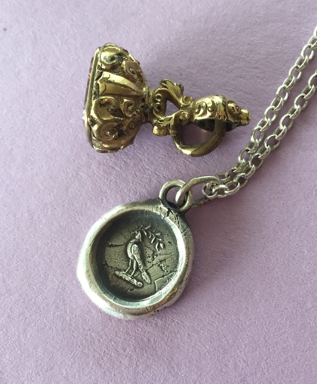 Dove of Peace pendant.  Dove with olive branch necklace. Sterling silver antique wax letter seal. Christian symbol.