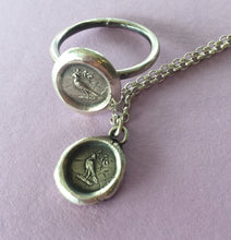 Load image into Gallery viewer, Dove of Peace pendant.  Dove with olive branch necklace. Sterling silver antique wax letter seal. Christian symbol.
