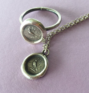Dove of Peace pendant.  Dove with olive branch necklace. Sterling silver antique wax letter seal. Christian symbol.
