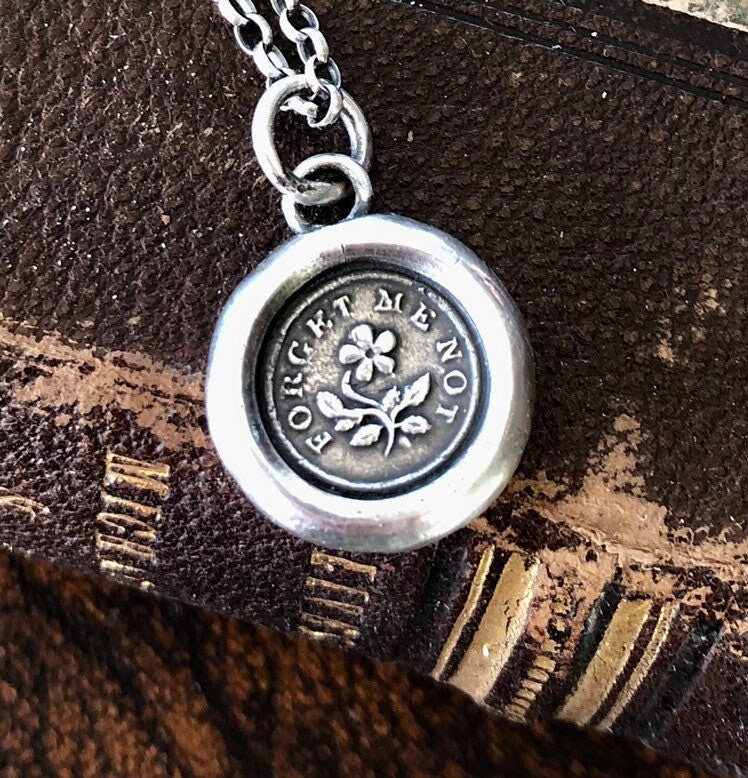 Forget me not, antique wax seal pendant, romantic, sterling silver impression of wax seal.