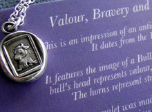 Load image into Gallery viewer, Bull… Valour, Bravery, and generosity. Sterling silver necklace, Antique wax  seal impression, handmade pendant, meaningful, mindful gift