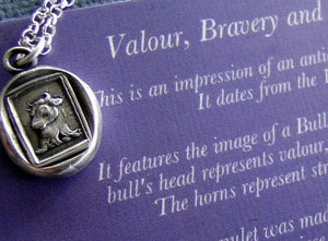 Bull… Valour, Bravery, and generosity. Sterling silver necklace, Antique wax  seal impression, handmade pendant, meaningful, mindful gift
