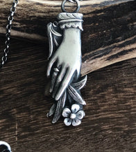 Load image into Gallery viewer, Silver hand pendant.  Victorian memento mori with forget me not flowers. handmade mourning jewelry.