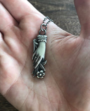 Load image into Gallery viewer, Silver hand pendant.  Victorian memento mori with forget me not flowers. handmade mourning jewelry.