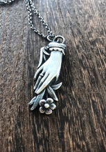 Load image into Gallery viewer, Silver hand pendant.  Victorian memento mori with forget me not flowers. handmade mourning jewelry.