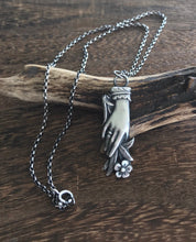 Load image into Gallery viewer, Silver hand pendant.  Victorian memento mori with forget me not flowers. handmade mourning jewelry.