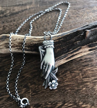 Load image into Gallery viewer, Silver hand pendant.  Victorian memento mori with forget me not flowers. handmade mourning jewelry.