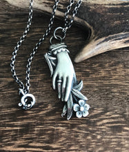 Load image into Gallery viewer, Silver hand pendant.  Victorian memento mori with forget me not flowers. handmade mourning jewelry.