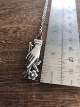 Load image into Gallery viewer, Silver hand pendant.  Victorian memento mori with forget me not flowers. handmade mourning jewelry.