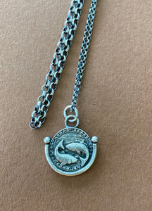 Pisces handmade sterling silver pendant. Zodiac sign coin necklace.