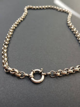 Load image into Gallery viewer, Heavy silver rolo chain. Solid silver statement chain. Luxe Victorian book chain collar.