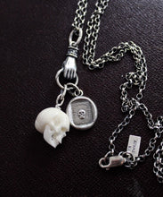 Load image into Gallery viewer, Skull necklace, sterling silver memento Mori necklace, antique wax seal jewelry, with bone skull charm.  Spooky and gothic necklace.